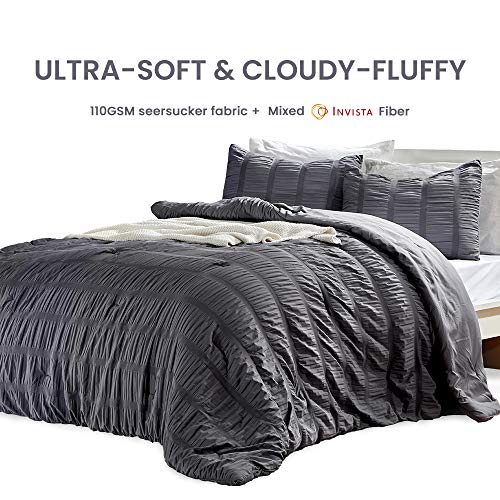 SLEEP ZONE Luxury Seersucker Queen Comforter Set 3-Piece, Soft & Lightweight Down Alternative Duvet Insert with Pillow Sham Cooling for Summer, Gray SLEEP ZONE