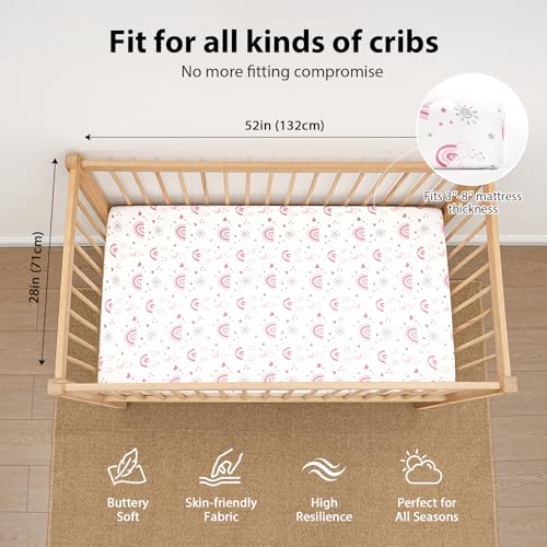 FIEMOL Baby Crib Sheets Girl, 3 Pack Toddler Bed Sheets Fitted for 52”x28” Standard Crib and Toddler Mattresses, Super Soft Microfiber Pink Rainbow FIEMOL