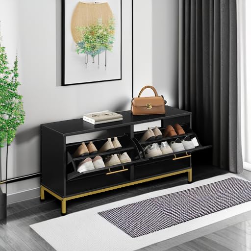 HOOBRO Shoe Bench with Storage, Shoe Storage Bench with 2 Flip Drawers, 39.4" Shoe Cabinet with Bench, Hidden Shoe Rack Organizer for Entryway, Foyer, Hallway, Mudroom, Black and Gold DB48HX01 HOOBRO