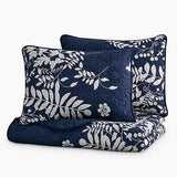 Wake In Cloud - Floral Quilt Set, Botanical Elegant Flower Tree Leaf Modern Pattern Printed, Reversible Lightweight Bedspread Coverlet, 3 Pieces, Navy Blue Gray, King Size Wake In Cloud