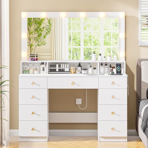 DDONGMM White Vanity with Lighted Mirror, Makeup Vanity Desk with Power Outlet, 9 Drawers & Shelf Storage, 43.3” Large Vanity Desk, Women Girls Vanity Dressing Table for Bedroom Bathroom DDONGMM
