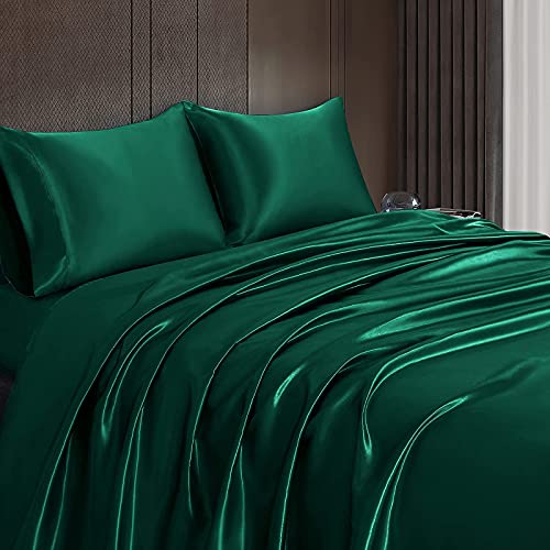 Homiest 4pcs Satin Sheets Set Luxury Silky Satin Bedding Set with Deep Pocket, 1 Fitted Sheet + 1 Flat Sheet + 2 Pillowcases (Queen Size, Blackish Green) Homiest