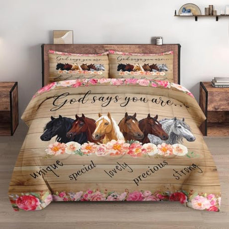 WeCozy Twin Size Comforter Set with Pillowcase, Colorful Pink Flower Horses Animal 2 Pcs Bedding for Kids and Adults, Inspirational Thoughts and Prayer Soft Comforter Set for Bedroom Bed Decor WeCozy