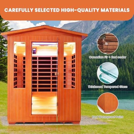 Outdoor Sauna 4 Person Infrared Saunas Outdoor Dry Sauna Room Wood Wooden Sauna Canadian Fir Red Cedar Low EMF 2600W/240V with Oxygen Bar, 7 Color Light, Control Panel, Speaker - 62.2" x 46.9" x 81.9" HOSAUNA