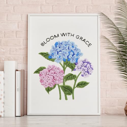 Nuberlic Hydrangea Embroidery Kits for Beginner Adults Cross Stitch Kit with Stamped Pattern Include Cloth Hoops Threads Needles