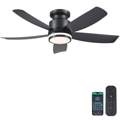 Modern Ceiling Fans with Lights and Remote/APP Control, 41 inch Flush Mount Ceiling Fan with Ring Lights, LED 3 CCT Dimmable 5 Reversible Curved Blades 6 Speeds for Bedroom Living Room, Black Wiviniya