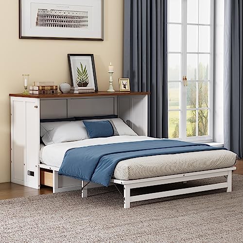 Full Size Solid Pine Murphy Bed Chest with Charging Station and Large Storage Drawe,Folding Feature Perfect for Home Office or Small Room. Brabrety