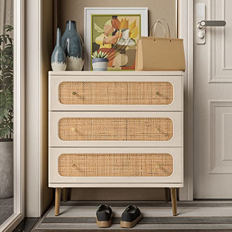 LONYKE Wicker Rattan Chest of Drawers, 3-Drawer Dresser, White Finish Wooden Storage Cabinet, Modern Farmhouse Accent Table, Boho Mid-Century Coastal Sideboard LONYKE