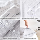ALEISSEL Modern Urban 100% Natural Cotton Duvet Cover Sets 3Pcs - Gray Artistic Lines Pattern on White with Textured Light-Gray Reverse, Minimalist Bedding Set with Button Closure(Queen,90"×90" ALEISSEL