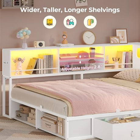 ADORNEVE Corner Bed Frame Full Size with Bookcase Storage & RGB Lights, Charging Station, Metal Daybed with 3 Drawers & 2 Open Cubbies, for Teens, Small Space, White ADORNEVE