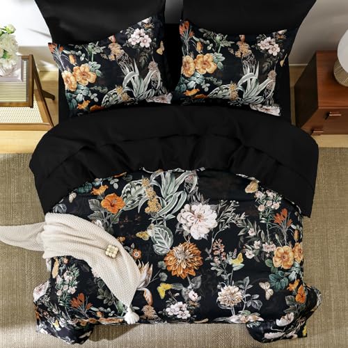 WONGS BEDDING Black Comforter Set Queen, 7 Pieces Bed in a Bag Botanical Floral Comforter Bedding Set, Soft Microfiber Comforter with Flat Sheet, Fitted Sheet, Pillow Shams, Pillowcases WONGS BEDDING