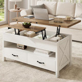 Marsail 40" Lift Top Coffee Table, 4 in 1 Coffee Table with Hidden Compartment, 1 Open Shelf and 2 Drawers, Multifunctional Farmhouse Center Table for Living Room and Home Office, Brown and White Marsail