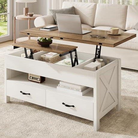 Marsail 40" Lift Top Coffee Table, 4 in 1 Coffee Table with Hidden Compartment, 1 Open Shelf and 2 Drawers, Multifunctional Farmhouse Center Table for Living Room and Home Office, Brown and White Marsail