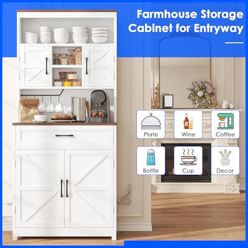 kepptory 69" Tall Farmhouse Kitchen Pantry Cabinet, Kitchen Hutch Bar Cabinet with Drawers&Cup Holder, Large Wooden Storage Cabinets with Barn Doors&Microwave Stand, Cupboard for Dining Room(White) kepptory