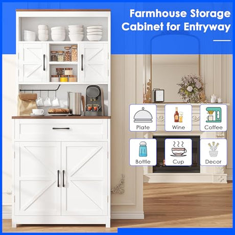 kepptory 69" Tall Farmhouse Kitchen Pantry Cabinet, Kitchen Hutch Bar Cabinet with Drawers&Cup Holder, Large Wooden Storage Cabinets with Barn Doors&Microwave Stand, Cupboard for Dining Room(White) kepptory