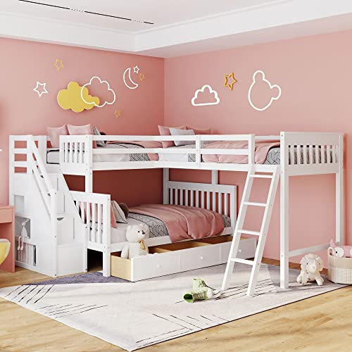 CITYLIGHT L-Shaped Bunk Bed for Kids, Solid WoodTriple Corner Bunk Bed with 3 Storage Drawers Attached a Twin Loft Bed,Bunk Beds with Stairs and Ladder for Boys Girls Teens,White CITYLIGHT