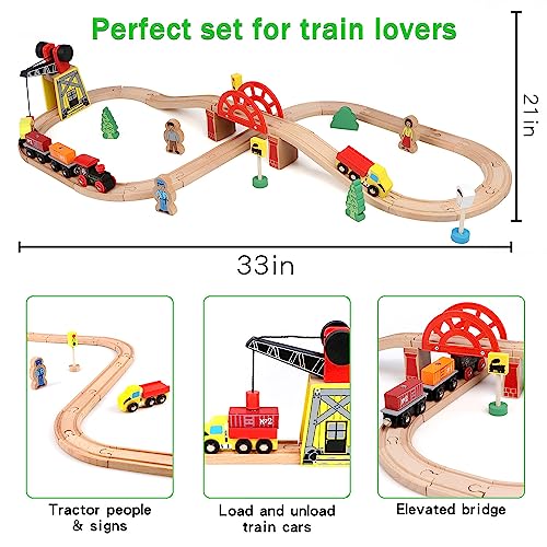 Qilay Wooden Train Set for Toddler - 39 Pcs Wooden Train Tracks with Crane, Bridge & 5 Wooden Trains - Train Toys for 3,4,5 Year Old Boys & Girls - Qilay