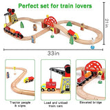 Qilay Wooden Train Set for Toddler - 39 Pcs Wooden Train Tracks with Crane, Bridge & 5 Wooden Trains - Train Toys for 3,4,5 Year Old Boys & Girls - Qilay