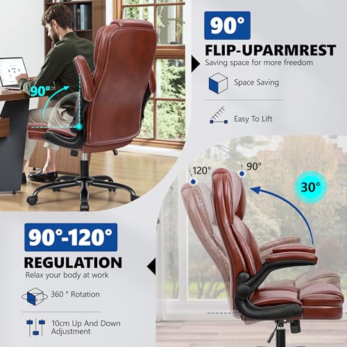 PU Leather Executive Office Chair, Ergonomic Mid-Back Computer & Gaming Chair with Adjustable Height, Rolling Swivel & Flip-Up Armrests, Comfy Padded Seat for Home Office-Brown FelixKing