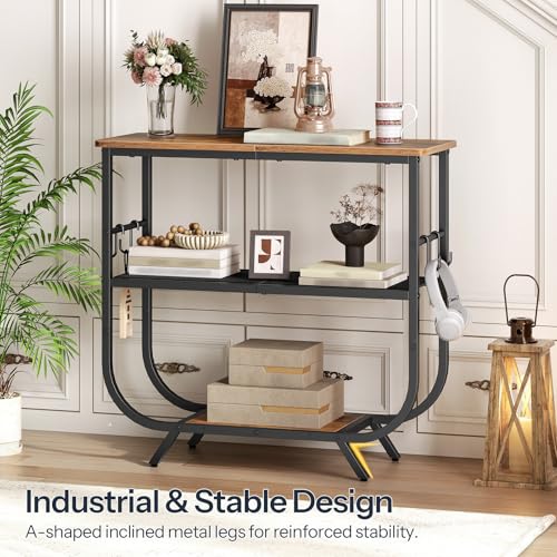 HOOBRO 3 Tier Small Console Table, 31.5" Entryway Table with Storage Shelf, Narrow Sofa Table, Behind Couch Table, Hallway Table with S-Hooks, for Living Room, Rustic Brown and Black BF63XG01 HOOBRO