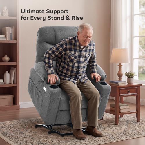 Tami Tami Dual Motor Power Lift Chair Recliner for Elderly with Massage and Heat, Infinite Position Electric Lift Recliner with USB A&C, Cup Holders (T6012 - Linen Fabric, Gray, Medium)