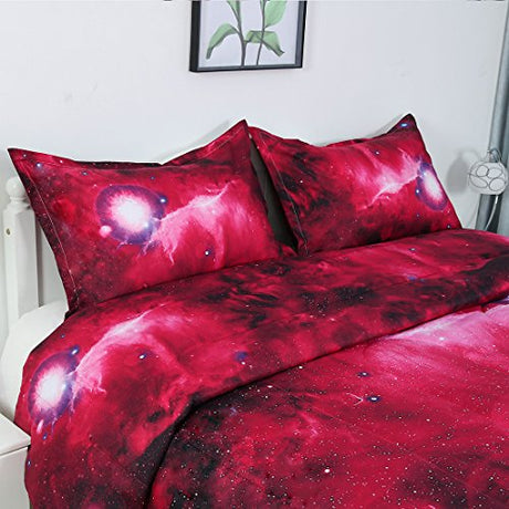 uxcell Full/Queen Size Galaxies Red Comforter Sets - 3D Outer Space Themed Bedding - All-Season Down Quilted Duvet - Reversible Design- Includes 1 Comforter, 2 Pillow Cases uxcell