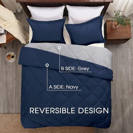 Basic Beyond Queen Comforter Set - Navy Blue Comforter Set Queen Size, Reversible Bed Comforter Queen Set for All Seasons, Navy/Grey, 1 Comforter (88"x92") and 2 Pillow Shams (20"x26"+2") Basic Beyond