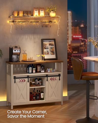 VASAGLE Buffet Cabinet, Coffee Bar Storage Cabinet, Sideboard with 2 Sliding Barn Doors, Adjustable Shelves, 13 x 39.4 x 31.5 Inches, for Living Room, Rustic White and Honey Brown ULSC092W01 VASAGLE