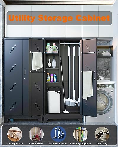 YILFANA 75" Metal Storage Cabinet with Lockable Doors, Functional Garage Storage Cabinets, Heavy-Duty Tool Organization Cabinet with Hanging Rod & S-Hooks (75" Utility Closet) YILFANA