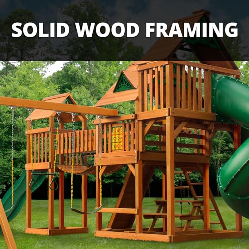 Gorilla Playsets 01-1034-AP Treasure Trove II Wood Swing Set with Wood Roof, 3 Slides, and Clatter Bridge, Amber