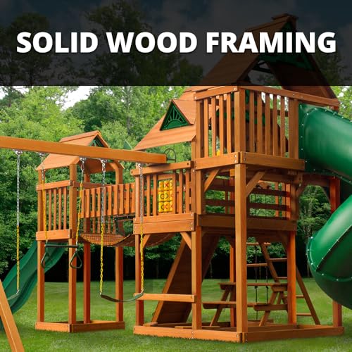 Gorilla Playsets 01-1034-AP-1 Treasure Trove II Wood Swing Set with Green Vinyl Canopy, Clatter Bridge, and 3 Slides, Amber Gorilla Playsets