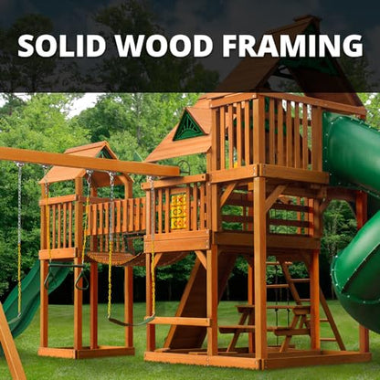 Gorilla Playsets 01-1034-AP-1 Treasure Trove II Wood Swing Set with Green Vinyl Canopy, Clatter Bridge, and 3 Slides, Amber