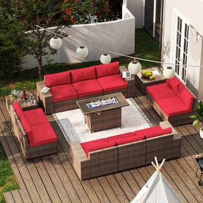 Aoxun Patio Furniture Set 13 Pieces Wicker Rattan Outdoor Furniture with 44” Fire Table Patio Sectional Sofa with Thickened Cushions, Red (Include Waterproof Cover)