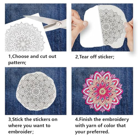 BENECREAT 4 Sheets 12 Pcs Mandala Water Soluble Embroidery Pattern, Stick and Stitch Embroidery Paper Designs, Embroidery Starter Kit for DIY Craft, Sewing Embroidery BENECREAT