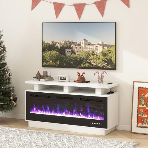Fireplace TV Stand with 50" Smart Electric Fireplace, Solid Wood Fire Place with Mantel, Modern Fireplace Cabinet with Socket for Living Room Farmhouse Entertainment Center White, (50 inch, WiFi) ROCSUMOO