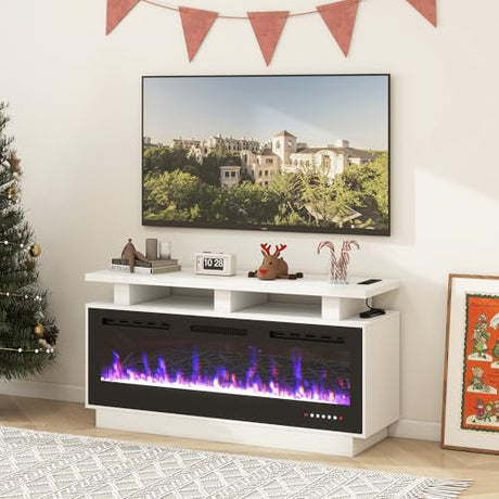 Fireplace TV Stand with 50" Smart Electric Fireplace, Solid Wood Fire Place with Mantel, Modern Fireplace Cabinet with Socket for Living Room Farmhouse Entertainment Center White, (50 inch, WiFi) ROCSUMOO