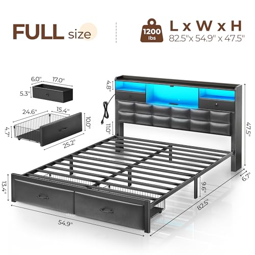 Rolanstar Bed Frame Full Size with Drawers and Charging Station, Upholstered Platform Bed with Storage Headboard and LED Light, Heavy Duty Metal Frame Support, No Box Spring Needed, Noise Free, Black Rolanstar