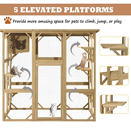 MAGIC UNION Large Fir Wooden Outdoor Indoor Catio Cat Enclosure with Weather Protection Roof with Cattery and 5 Platforms - WoodArtSupply