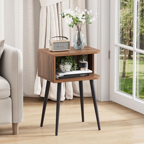 Nightstand Set of 2, Small Bed Side Table for Small Spaces, Mid Century Modern Nightstand End Table with Open Storage, Side Table for Bedroom Living Room, Walnut Brown MLBZ20R-2 MMEOLUOOK