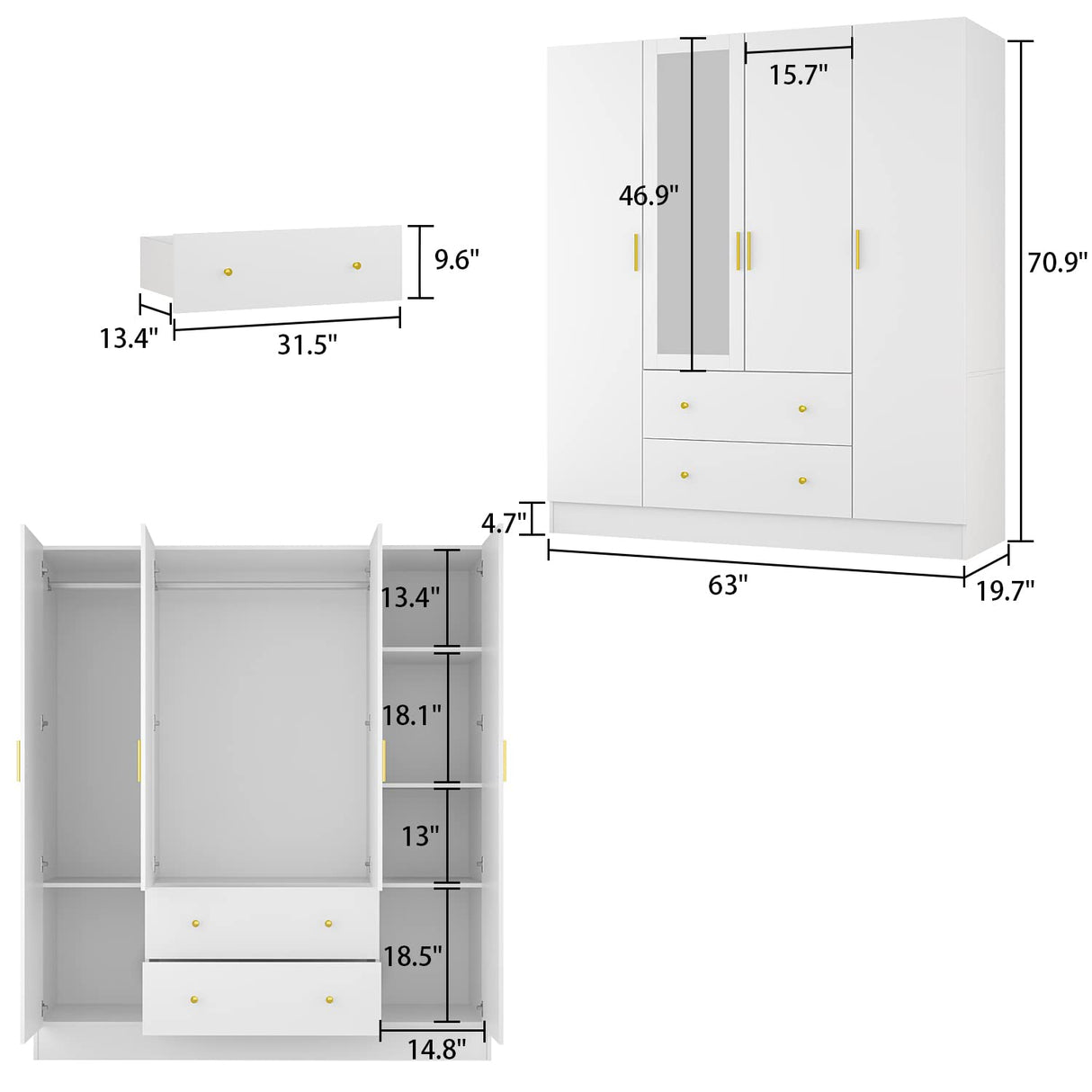 Hitow 4 Door Wardrobe Armoire Closet with Mirror Door, 63" W Wooden Wardrobe Cabinet with 2 Drawers & Hanging Rod, Bedroom Armoire Dresser Wardrobe Clothes Organizer, A White Hitow