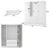 Hitow 4 Door Wardrobe Armoire Closet with Mirror Door, 63" W Wooden Wardrobe Cabinet with 2 Drawers & Hanging Rod, Bedroom Armoire Dresser Wardrobe Clothes Organizer, A White Hitow