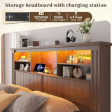 EnHomee King Size Bed Frame with 4 Storage Drawers, King Bed Frame and Headboard with LED Lights & Charging Ports,No Box Spring Needed,NO Noise,Wooden,Brown EnHomee