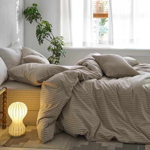 MooMee Striped Duvet Cover Set 100% Washed Cotton Linen Like Textured Breathable Durable Soft Comfy (Tannish Linen Grey White Wide Stripes, Queen 90"x90") MooMee