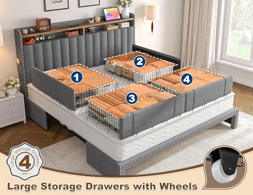 EnHomee King Size Bed Frame, Upholstered King Bed Frame with 4 Storage Drawers & 2-Tier Headboard Shelves, 1200LBS Heavy Duty, No Box Spring Needed, Easy Assembly, Grey EnHomee