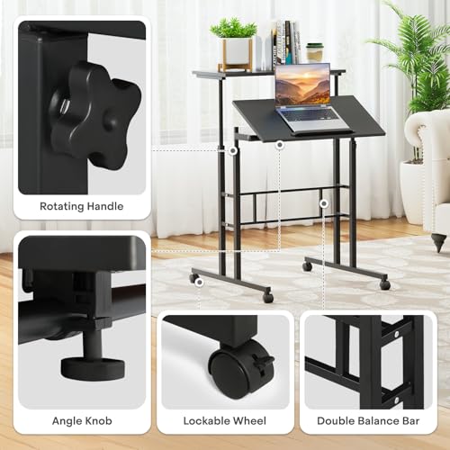 Athena Collection Height Adjustable Rolling Desk Mobile Portable Laptop Stand Cart Small Sit Standing Desk Computer Table Workstation for Home Office, Black Athena Collection