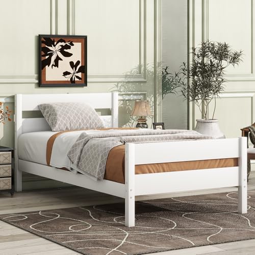 Ball & Cast Twin Bed Frame with Single Panel Headboard and Footboard,Wooden Platform Bed No Box Spring Needed,Wood Slat Support Mattress Foundation,White Ball & Cast