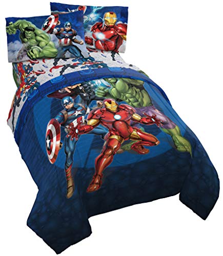Marvel Avengers Blue Circle 5 Piece Full Bed Set - Includes Reversible Comforter & Sheet Set - Bedding Features Captain America & Iron Man - Fade Resistant Microfiber (Official Marvel Product) Jay Franco