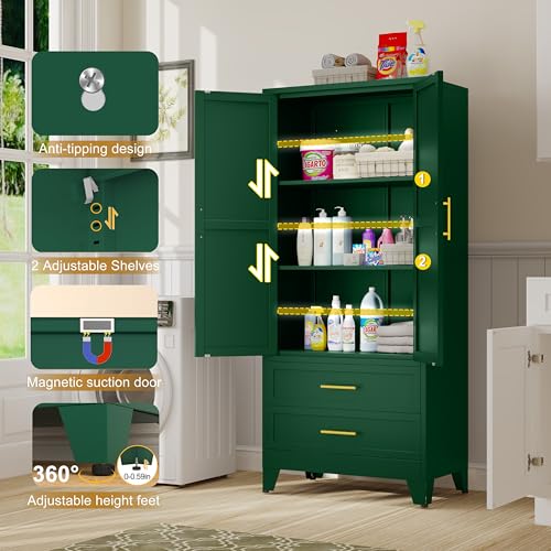 GAIOUS 71" Tall Metal Pantry Cabinet, Steel Storage Cabinets with 2 Doors, 2 Adjustable Shelf and 2 Drawers, Used as Kitchen Cabinet, Freestanding Cupboard for Kitchen, Office, Living Room (Green) GAIOUS