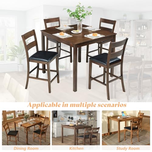 AMERLIFE Solid Wood 5-Piece Dining Table Set, Mid Century Modern Dining Set W/ 4 Chairs, Chairs with Curved Backrests & PU Cushioned, Space Saving, Black/Walnut AMERLIFE