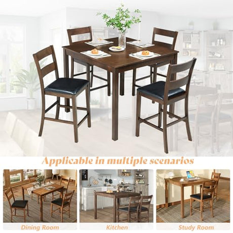AMERLIFE Solid Wood 5-Piece Dining Table Set, Mid Century Modern Dining Set W/ 4 Chairs, Chairs with Curved Backrests & PU Cushioned, Space Saving, Black/Walnut AMERLIFE